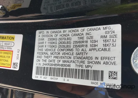2024 Honda Cr-V Hybrid Sport-L z USA, uszkodzony, nr VIN 2HKRS6H85RH809346